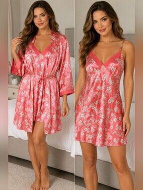 Adonna NWOT Floral Satin Robe & Chemise Set M Pink Kimono Sleepwear Loungewear
